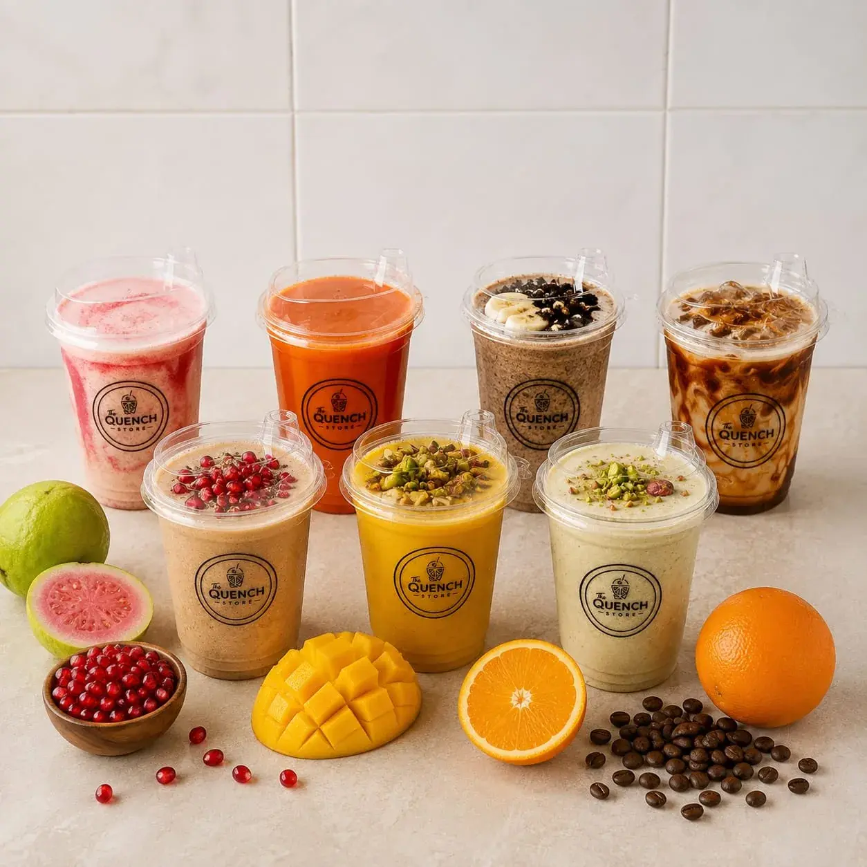 Seven Quench Store drinks lined up with guava, mango, orange, pomegranate and coffee beans